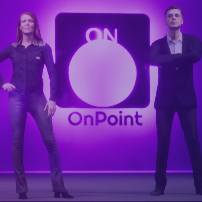 Screenshot of Maren and Oliver standing in the virtual mocap studio