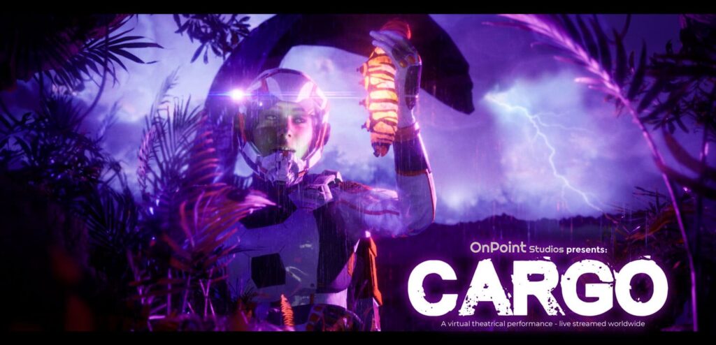 Keyart of CARGO showing the actor holding a caterpillar in her hand